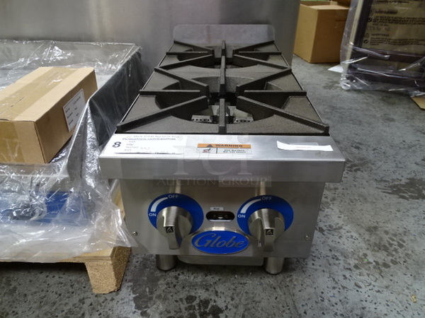 FABULOUS! Brand New Globe Model GHP12G Countertop Natural Gas Hotplate With Cast Iron Burners And Grates. LP Conversion Kit Included. 12x28x17 2 Year Parts And Labor Warranty, Standard.