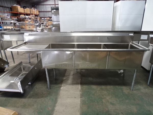 FANTASTIC! Brand New John Boos Model E3S8-24-14L24 Commercial Stainless Steel 3 Compartment Sink. With 9 3/4” H Boxed Backsplash, Galvanized Legs And Adjustable Plastic Bullet Feet. 102X29.5x43.75