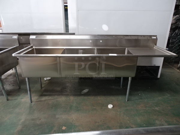 FANTASTIC! Brand New John Boos Model E3S8-24-14R24 Commercial Stainless Steel 3 Compartment Sink. With 9 3/4” H Boxed Backsplash, Galvanized Legs Still In The Box And Adjustable Plastic Bullet Feet. 102X29.5x43.75