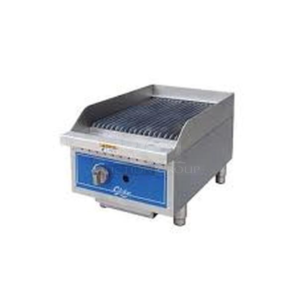 STILL IN THE BOX! Brand New Globe Model GCB15G Commercial Stainless Steel Countertop Natural Gas Charbroiler Heavy Duty Reversible Grates. 15