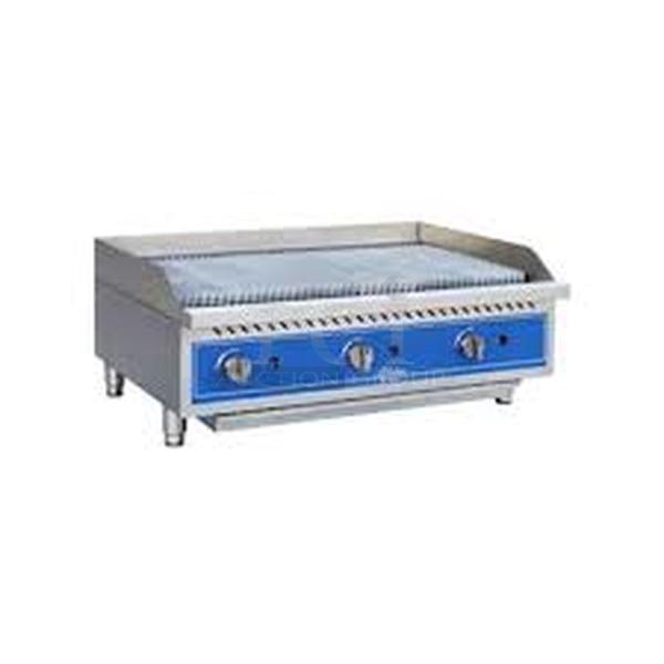 STILL IN THE BOX! Brand New Globe Model GCB36G Commercial Stainless Steel Countertop Natural Gas Charbroiler With Heavy Duty Reversible Cast Iron Grates. 36