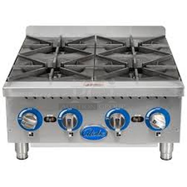 STILL IN THE BOX! Brand New Globe Model GHP24G Commercial Stainless Steel Countertop Natural Gas Hotplate With Cast Iron Burners And Grates. 24