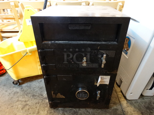Black Metal Single Compartment Drop Safe. Comes w/ Keys and Combination. 20x20x30