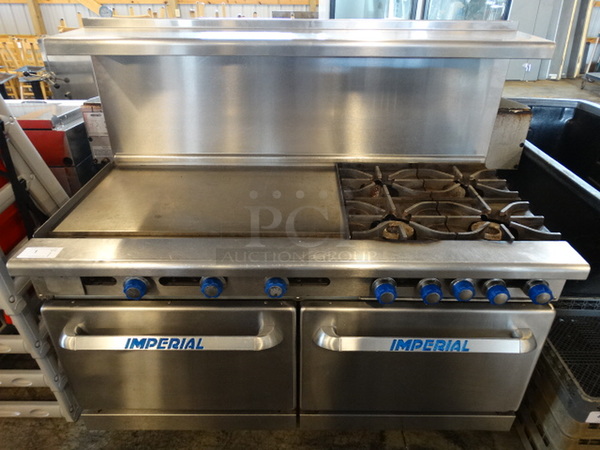 GORGEOUS! 2014 Imperial Stainless Steel Commercial Gas Powered Flat Top Griddle w/ 4 Right Side Burners, 2 Lower Ovens and Stainless Steel Overshelf on Commercial Casters. Comes w/ Dormont Gas Hose! 60x32x57