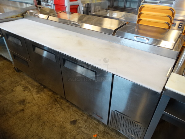 BEAUTIFUL! 2014 Turbo Air Model TPR-93SD-D2 Stainless Steel Commercial Pizza Prep Table w/ 3 Lids and 3 Doors on Commercial Casters. 115 Volts, 1 Phase. 93x35x44. Tested and Powers On But Does Not Get Cold
