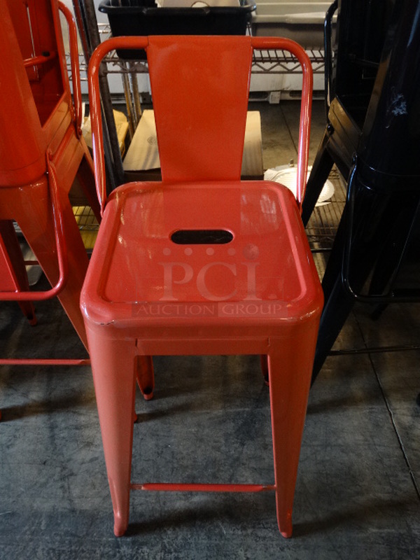 2 Red Metal Bar Height Tolix Chairs. Stock Picture - Cosmetic Condition May Vary. 17x18x38. 2 Times Your Bid!