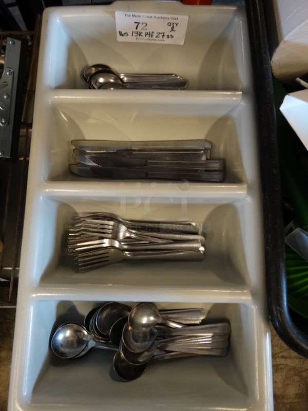 All One Money! Lot of 16 Spoons, 13 Knives, 14 Forks and 27 Soup Spoons in Gray Poly Silverware Caddy! 