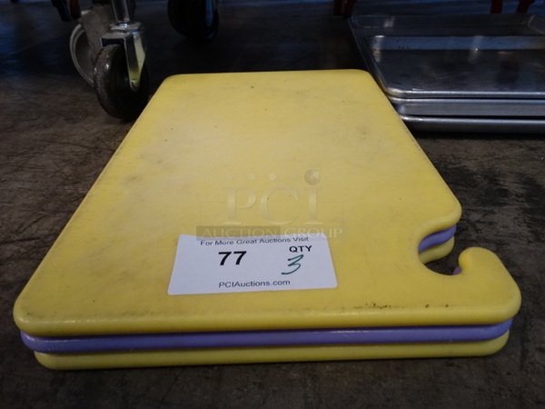 3 Cutting Boards; 2 Yellow and 1 Purple. 12x18x1. 3 Times Your Bid!