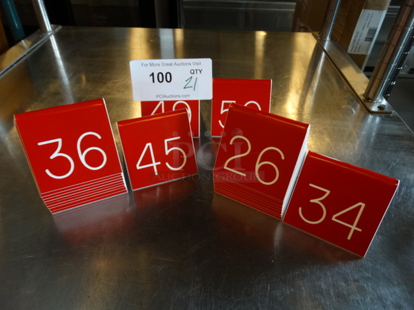 All One Money! Lot of 21 Red and White Poly Countertop Table Number Tents. Numbers 26-34, 36-45, 49-50!