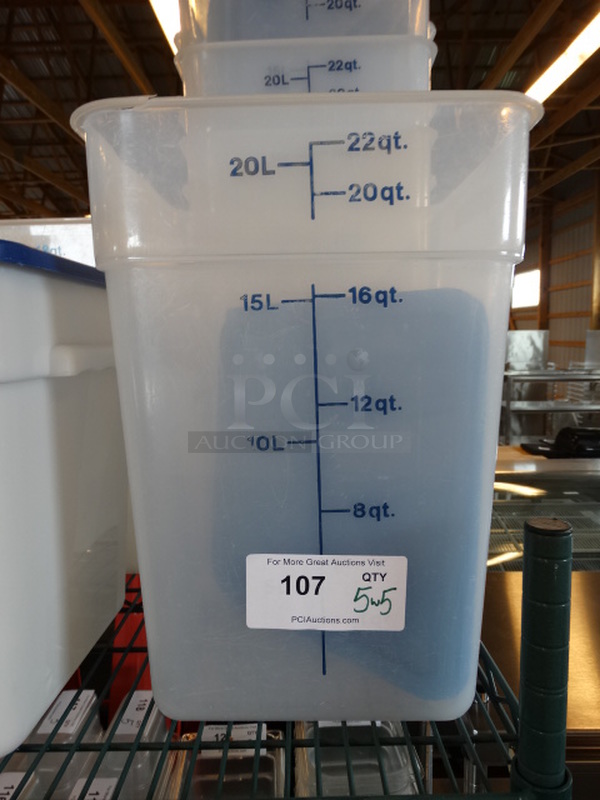 5 Poly Clear 22 Quart Containers w/ 5 Blue Lids. 11x11x15. 5 Times Your Bid!