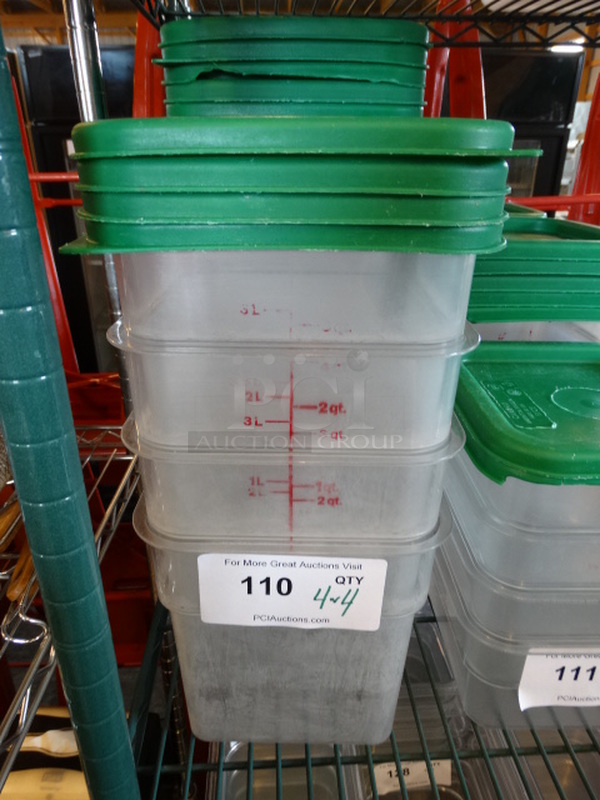 4 Poly Clear 4 Quart Containers w/ 4 Green Lids. 7x7x7. 4 Times Your Bid!