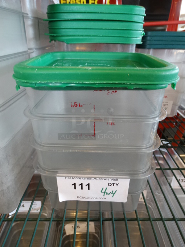 4 Poly Clear 2 Quart Containers w/ 2 Green Lids. 7x7x4. 4 Times Your Bid!