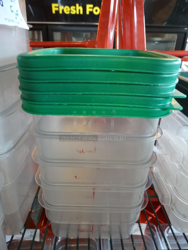 5 Poly Clear 2 Quart Containers w/ 5 Green Lids. 7x7x4. 5 Times Your Bid!