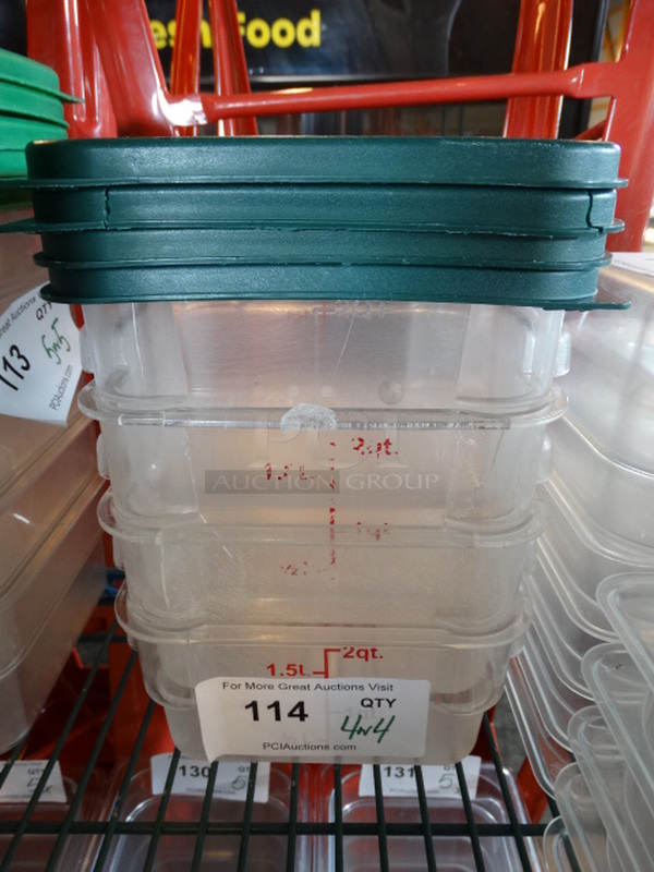 4 Poly Clear 2 Quart Containers w/ 4 Green Lids. 7x7x4. 4 Times Your Bid!