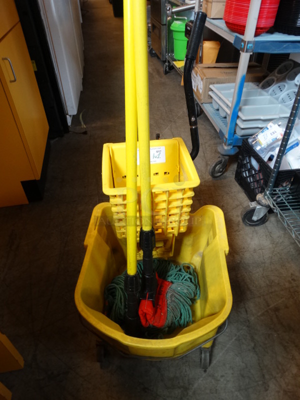 Yellow Poly Mop Bucket w/ Wringing Attachment and 2 Mops. 17x20x37