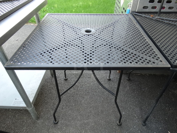 Black Metal Mesh Patio Table w/ Hole for Umbrella. Stock Picture - Cosmetic Condition May Vary. 30x30x29.5