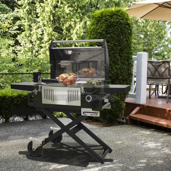 STILL IN THE BOX! BRAND NEW Glaros Model BBQP-SS Commercial Portable BBQ Grill With Stainless Steel Adjustable Charcoal Bed, Brushed Stainless Steel Lid, Battery Operated Rotisserie Attachment, Foldable Legs for Easy Storage or Transporting for Tailgating and Camping, And Cooking Stones for Baking. Stock Photo, Cosmetic Differences May Occur  46.8x26x25