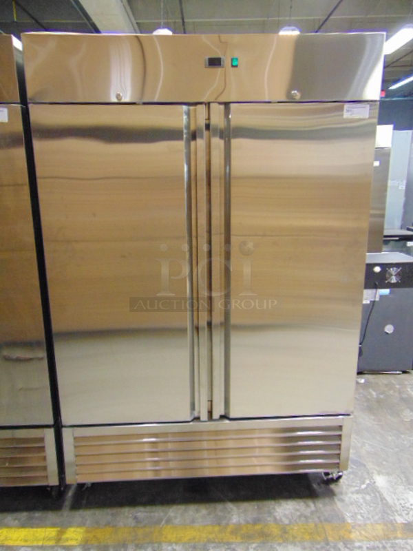 WOAH! BRAND NEW SG Merchandising Model DD49-SDSS Commercial Stainless Steel Electric Double Door Freezer On Commercial Casters. 115 Volt 54x32.25x83 Tested And Working