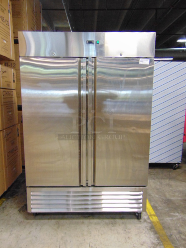 WOAH! BRAND NEW SG Merchandising Model DD49-SDSS Commercial Stainless Steel Electric Double Door Freezer On Commercial Casters. 115 Volt 54x32.25x83 Tested And Working