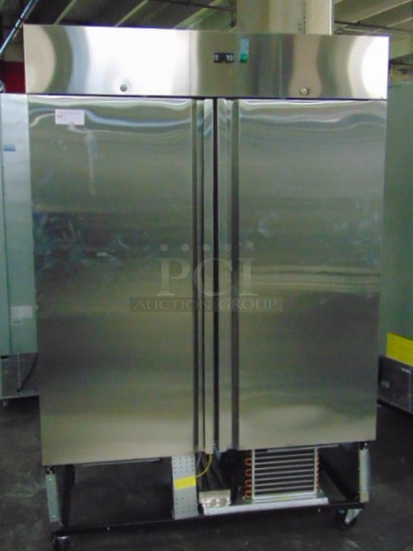 AMAZING! LIKE NEW SG Merchandising Model DD49-SDSS Commercial Stainless Steel Double Door Cooler On Commercial Casters. 115 Volt 54x32.25x83 Tested And Working, Just Needs Kickplate