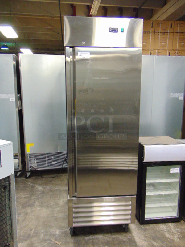 FABULOUS! BRAND NEW SG Merchandising Model SD23-SDSS-FZ Commercial Stainless Steel Electric Single Door Freezer On Commercial Casters. 115 Volt 27x32.25x83 Tested And Working