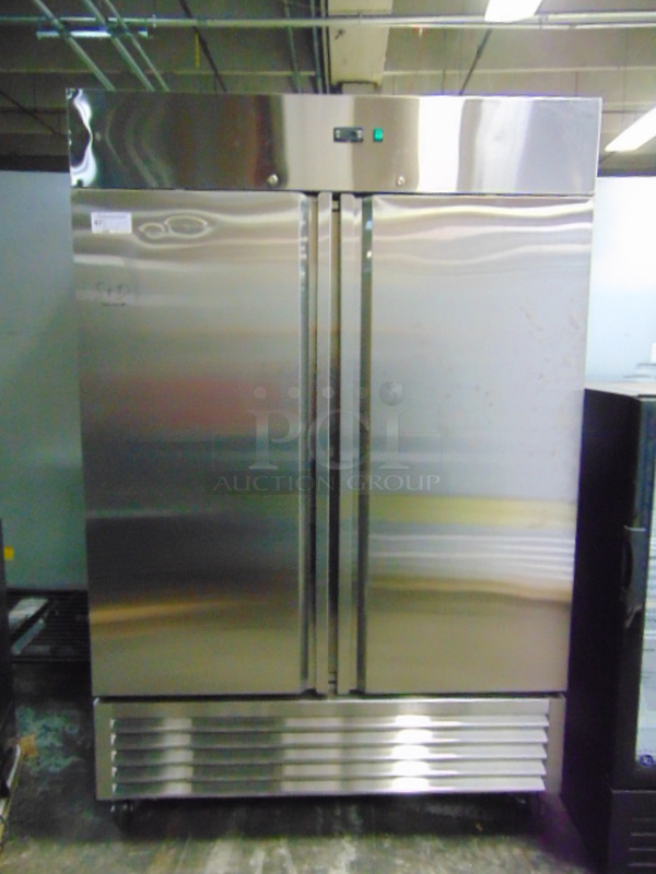 BEAUTIFUL! BRAND NEW SG Merchandising Model DD49-SDSS Commercial Stainless Steel Electric Double Door Freezer On Commercial Casters. 110 Volt 54.5x32x83 Tested And Working. 