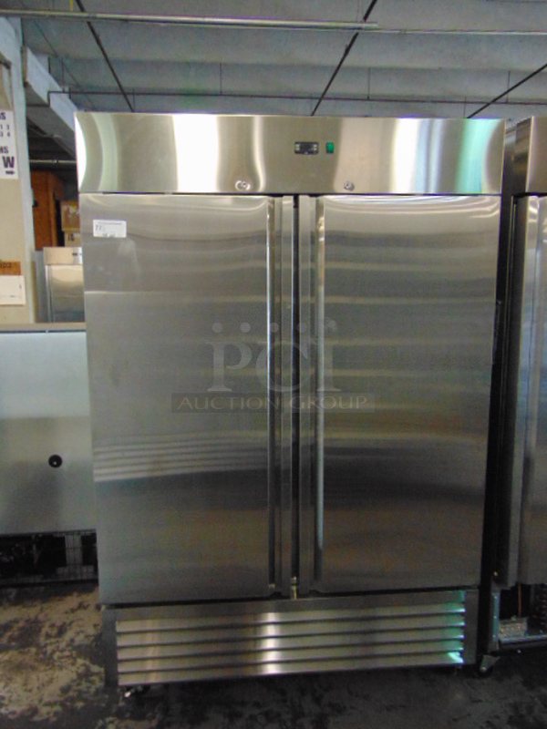BRAND NEW! SG Merchandising Model DD49-SDSS Commercial Stainless Steel Electric Double Door Freezer On Commercial Casters. 115 Volt 54.25x32.25x83 Tested And Working.  