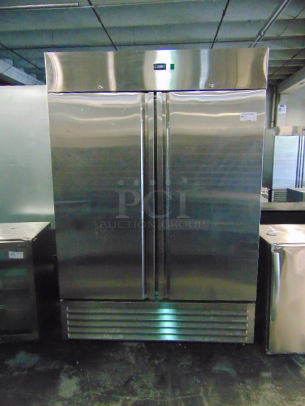 FABULOUS! BRAND NEW SG Merchandising Model DD49-SDSS Commercial Stainless Steel Electric Double Door Freezer On Commercial Casters. 115 Volt 54x32.25x83 Tested And Working.  
