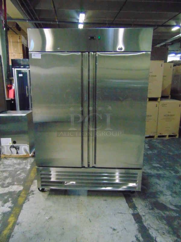 AMAZING! BRAND NEW SG Merchandising Model DD49-SDSS Commercial Stainless Steel Electric Double Door Freezer On Commercial Casters. 115 Volt 54x32x83 Tested And Working 