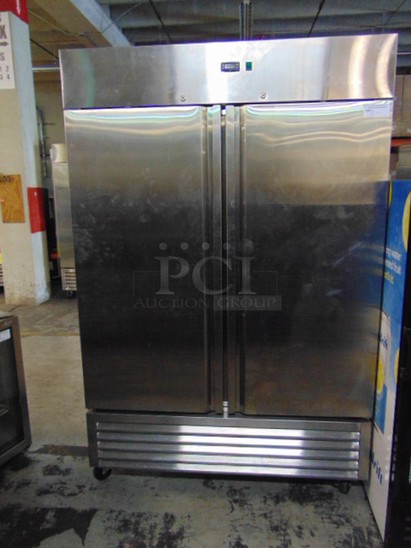 EXCELLENT! BRAND NEW SG Merchandising Model DD49-SDSS Commercial Stainless Steel Electric Double Door Freezer On Commercial Casters. 110 Volt 54x32x83 Tested And Working.