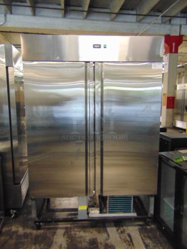 EXCELLENT! BRAND NEW SG Merchandising Model DD49-SDSS Commercial Stainless Steel Electric Double Door Freezer On Commercial Casters. 115 Volt 54x32x83 Tested And Working, Just Needs Kickplate.