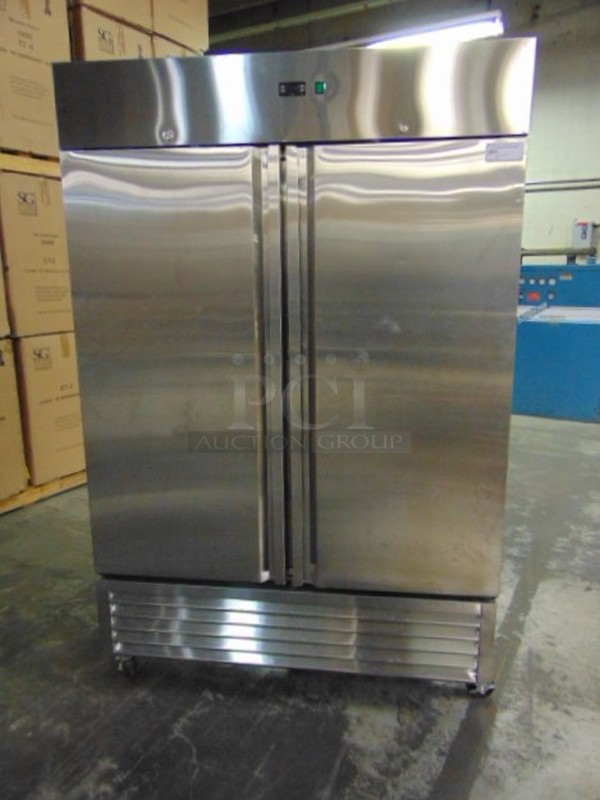 GREAT! BRAND NEW SG Merchandising Model DD49-SDSS Commercial Stainless Steel Electric Double Door Freezer On Commercial Casters. 115 Volt 54.25x32.25x83 Tested And Working
