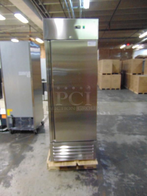 WONDERFUL! BRAND NEW SG Merchandising Model SD23-SDSS Commercial Stainless Steel Electric Single Door Freezer On Commercial Casters. 115 Volt 27x32.25x83 Tested And Working