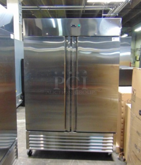 BEAUTIFUL! BRAND NEW SG Merchandising Model DD49-SDSS Commercial Stainless Steel Electric Double Door Freezer On Commercial Casters. 115 Volt 54.25x32.25x83 Tested And Working