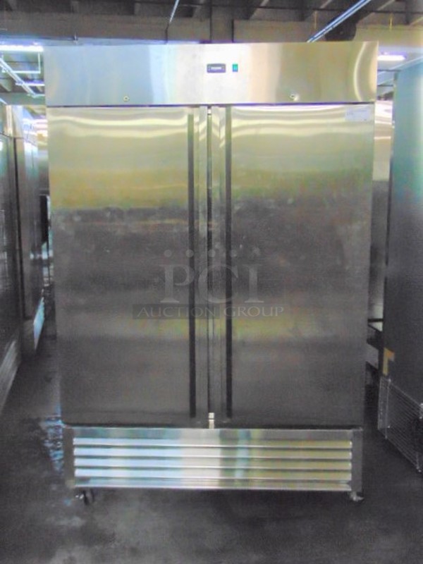 AMAZING! BRAND NEW SG Merchandising Model DD49-SDSS Commercial Stainless Steel Electric Double Door Freezer On Commercial Casters. 115 Volt 54.25x32.25x83 Tested And Working