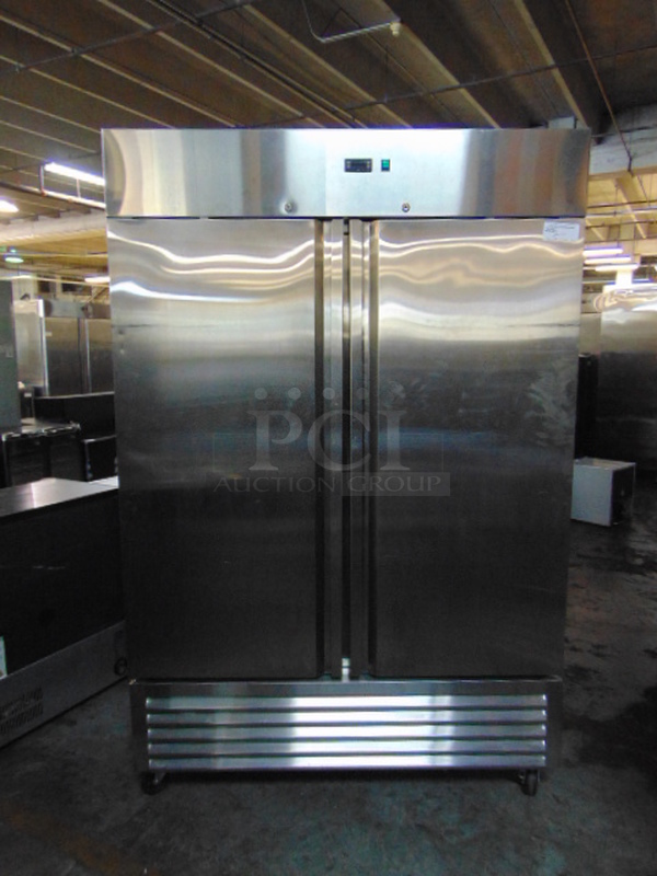 WONDERFUL! BRAND NEW SG Merchandising Model DD49-SDSS Commercial Stainless Steel Electric Double Door Freezer On Commercial Casters. 115 Volt 54.25x32.25x83 Tested And Working