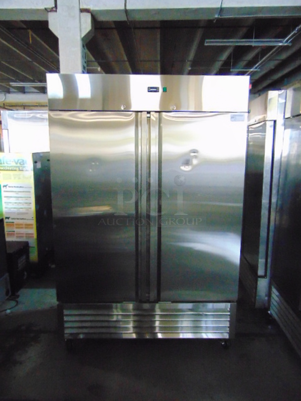 WOAH! BRAND NEW SG Merchandising Model DD49-SDSS Commercial Stainless Steel Electric Double Door Freezer On Commercial Casters. 115 Volt 54.25x32.25x83 Tested And Working