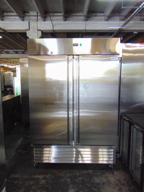 WOW! BRAND NEW SG Merchandising Model DD49-SDSS Commercial Stainless Steel Electric Double Door Freezer On Commercial Casters. 115 Volt 54.25x32.25x83 Tested And Working