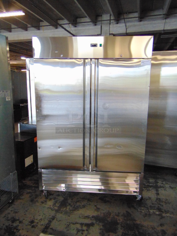 FANTASTIC! BRAND NEW SG Merchandising Model DD49-SDSS Commercial Stainless Steel Electric Double Door Freezer On Commercial Casters. 115 Volt 54.25x32.25x83 Tested And Working