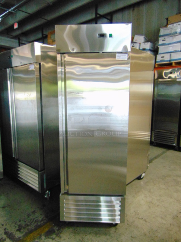 AWESOME! BRAND NEW SG Merchandising Model SD23-SDSS Commercial Stainless Steel Electric Single Door Freezer On Commercial Casters. 115 Volt 27x32.25x83 Tested And Working, Just Needs Shelves