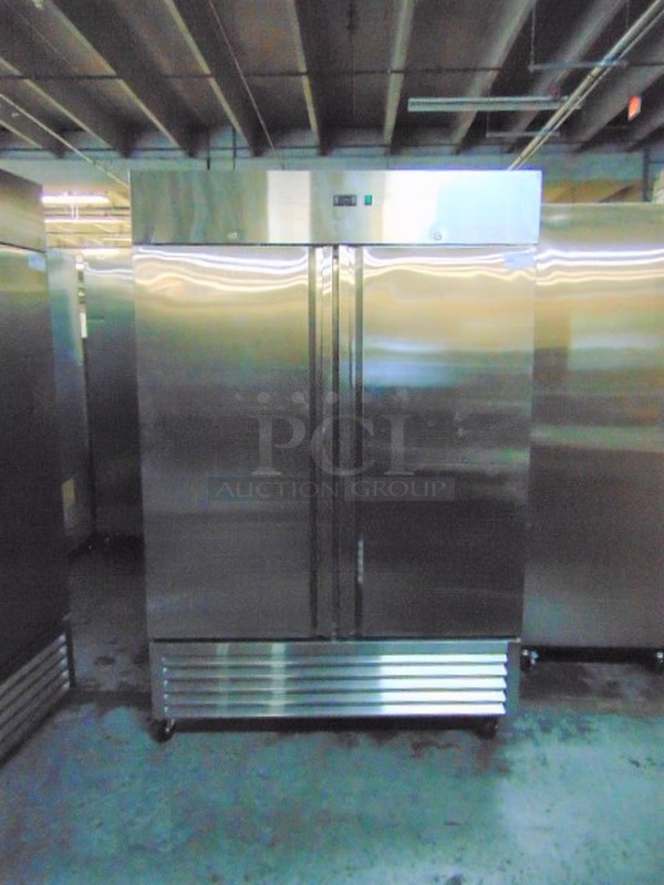 MAGNIFICENT! BRAND NEW SG Merchandising Model DD49-SDSS Commercial Stainless Steel Electric Double Door Freezer On Commercial Casters. 115 Volt 54.25x32.25x83 Tested And Working
