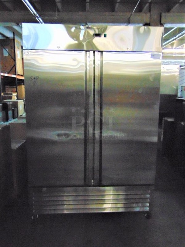 BEAUTIFUL! BRAND NEW SG Merchandising Model DD49-SDSS Commercial Stainless Steel Electric Double Door Freezer On Commercial Casters. 115 Volt 54.25x32.25x83 Tested And Working
