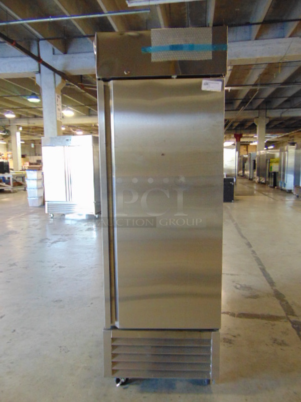 BEAUTIFUL! BRAND NEW SG Merchandising Model SD23-SDSS Commercial Stainless Steel Electric Single Door Freezer On Commercial Casters. 115 Volt 27x32.25x83 Tested And Working, Fan Cover Needs To Be Reattached.