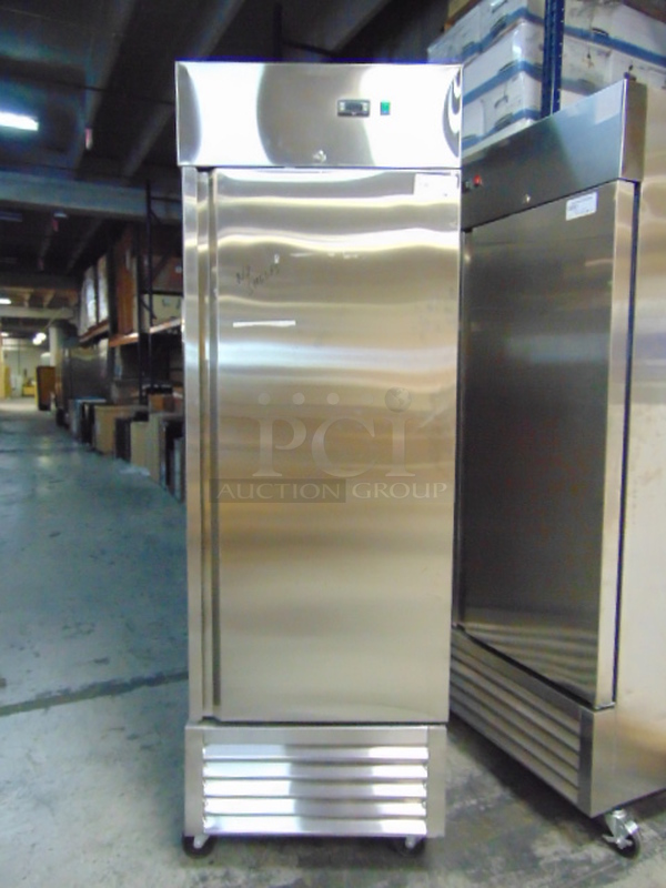 WOW! BRAND NEW SG Merchandising Model SD23-SDSS Commercial Stainless Steel Electric Single Door Freezer On Commercial Casters. 115 Volt 27x32.25x83 Tested And Working, No Shelves.