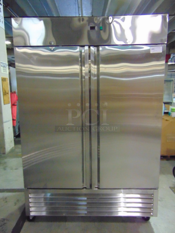 WONDERFUL! BRAND NEW SG Merchandising Model DD49-SDSS Commercial Stainless Steel Electric Double Door Freezer On Commercial Casters. 115 Volt 54x32.25x83 Tested And Working
