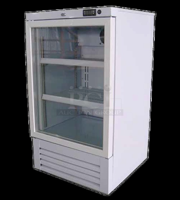 STILL IN THE BOX! BRAND NEW SG Merchandising Model MDH05-SSGD Commercial Electric Single Glass Door Vaccine Cooler. Stock Photo, Cosmetic Differences May Occur 115 Volt 23.4x23.4x32.3