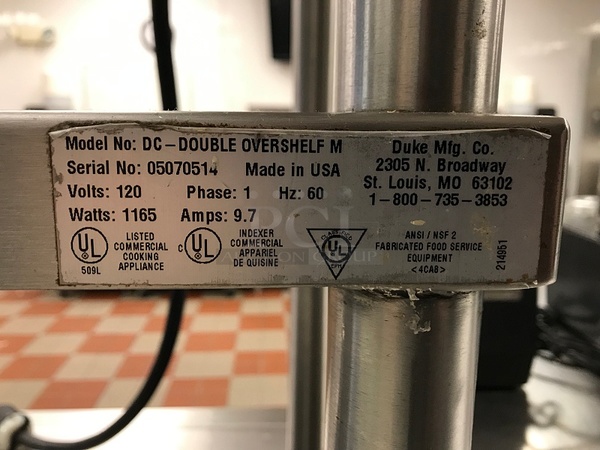 Duke DC-TEHF60SSM Thurmaduke 4 Well Steam Unit, 2 Duke Steam Table Adapter Plates 208V 1Ph & Duke Over Shelf w/ Heat Lamp. DC-Double Overshelf, 120V 1Ph, Tested & Working! - Image 6 of 7