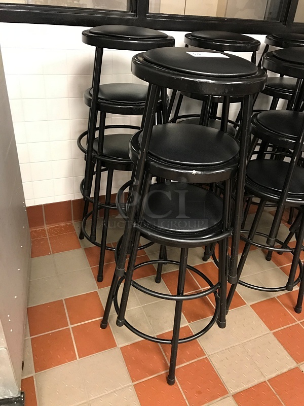 Six Stackable Black Metal Stools w/ Padded Seat 
