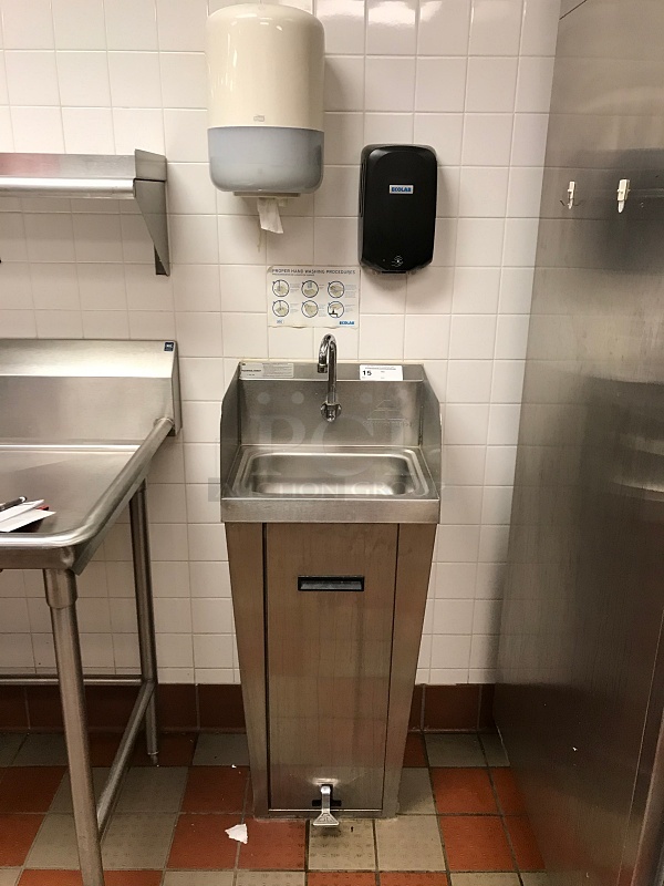 Advance Tabco Stainless Steel Pedestal Hand Sink w/ Foot Controls w/ Tork Pull Hand Towel Dispenser & Ecolab Automatic Hand Soap Dispenser  - Image 1 of 5