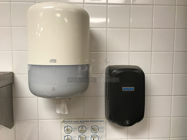 Advance Tabco Stainless Steel Pedestal Hand Sink w/ Foot Controls w/ Tork Pull Hand Towel Dispenser & Ecolab Automatic Hand Soap Dispenser  - Image 5 of 5